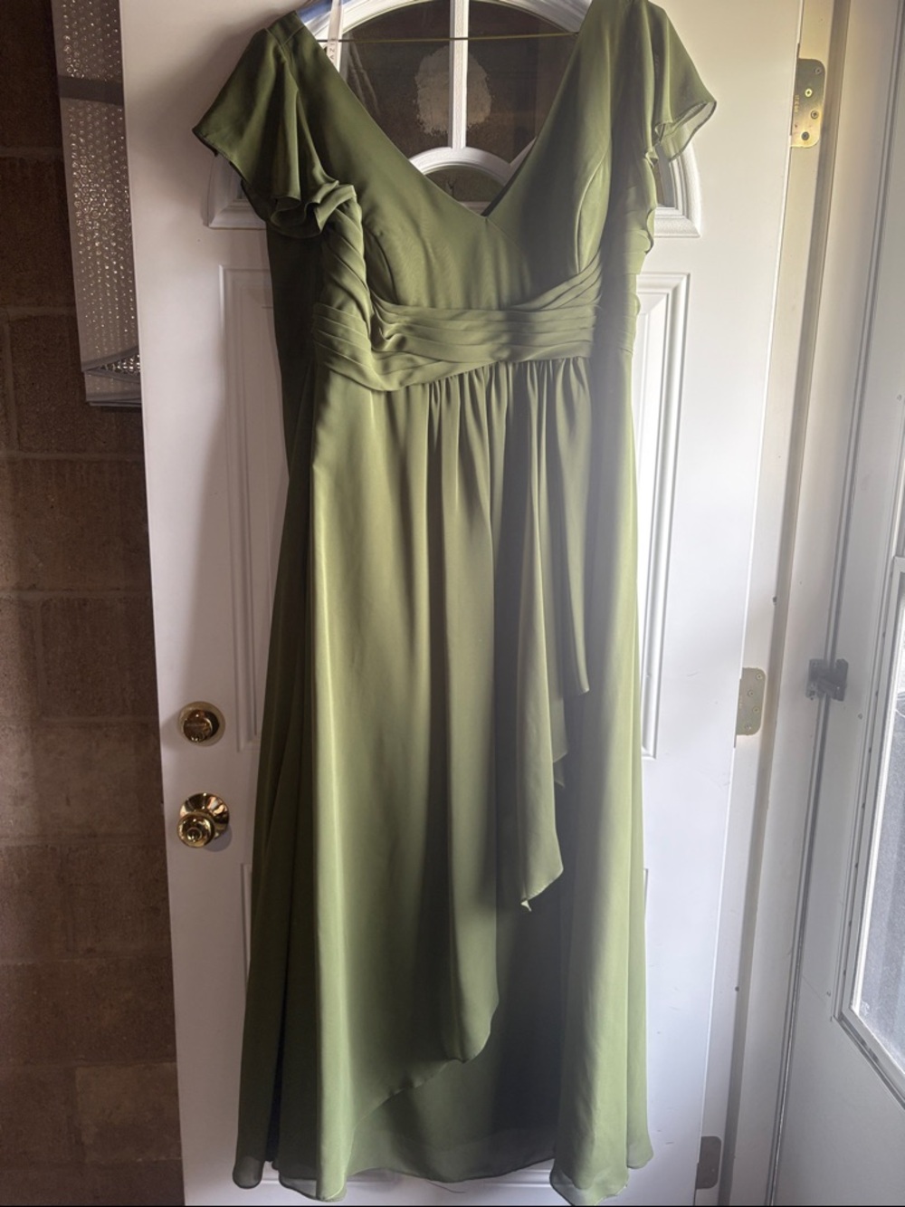 Azazie Olive Green V-Neck Flutter Sleeve High-Low Dress
